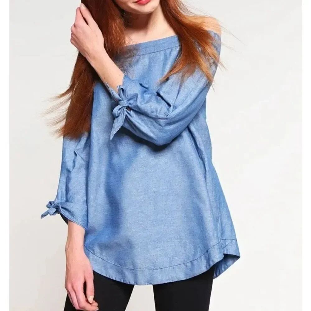 Free People Off the Shoulder 3/4 Length Tie Sleeve Cotton Top chambray Sz XS